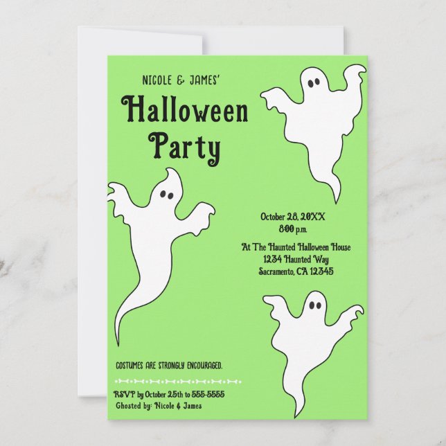 3 Ghosts Green Black Whimsical Halloween-Party Einladung (Vorderseite)