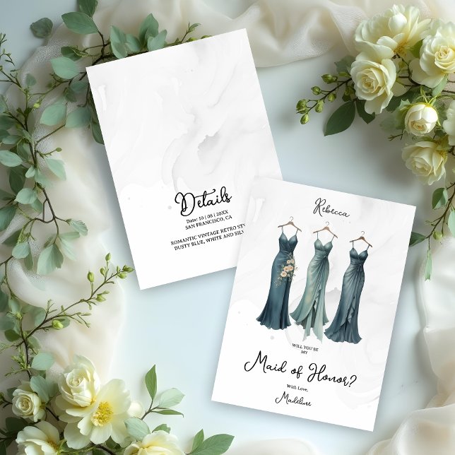 3 Glam Dusty Bridesmaid Kleidung Wasserfarbauftrag (3 Glam Dusty Bridesmaid Dresses Watercolor Request Cards.)