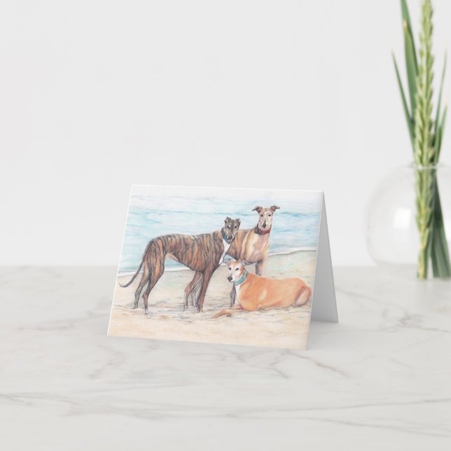 3 Greyhound auf der Beach Hund Art Note Card Karte (Vorderseite)