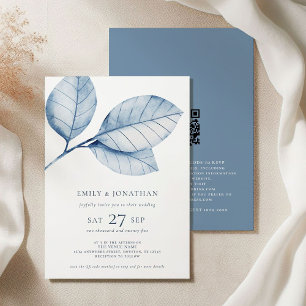 3 Große Aquarellfarben Dusty Blue Blätter QR Hochz Einladung