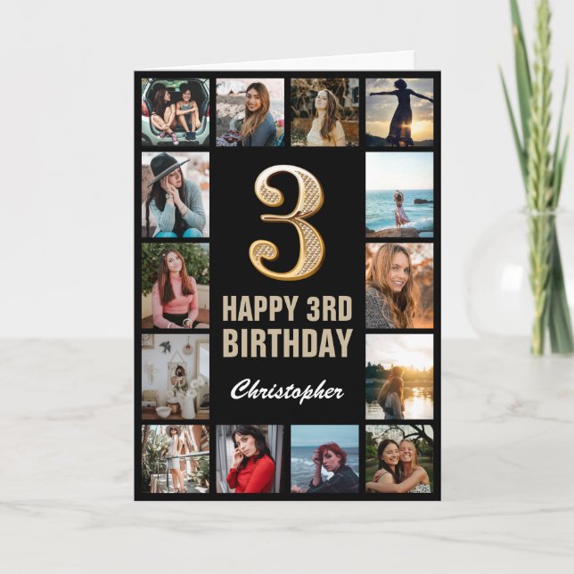 3. Happy Birthday Black and Gold Foto Collage Karte (Vorderseite)