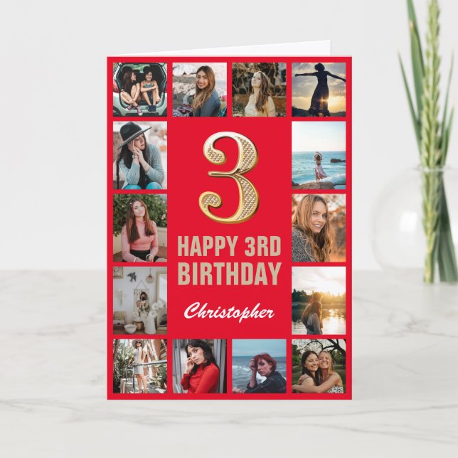 3. Happy Birthday Red and Gold Foto Collage Karte (Vorderseite)