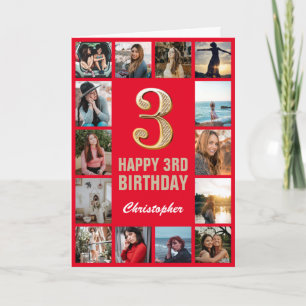 3. Happy Birthday Red and Gold Foto Collage Karte