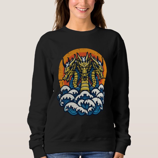 3 Headed Dragon Japanese Waves Retro Anime Men Wom Sweatshirt (Vorderseite)