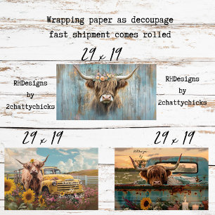 3 Highland Cow Charm Geschenkpapier für Decoupage Set