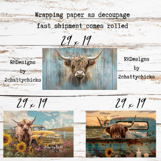 3 Highland Cow Charm Wrapping Paper for Decoupage  Geschenkpapier Set