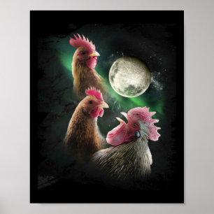 3 Hühner Mond Wolf Hühner heulende Wölfe Poster