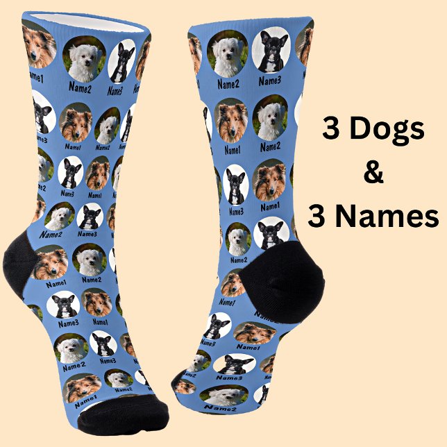 3 Hunde, 3 Namen, Hunde Foto - Personalisiert blau Socken (Von Creator hochgeladen)