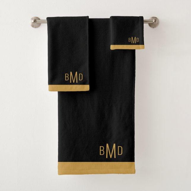 3 Initial Monogram Gold Script Name Black Badhandtuch Set (Insitu)
