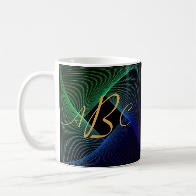 3 Initial Monogram Letter Green Blue Swirl Lines Kaffeetasse (Links)