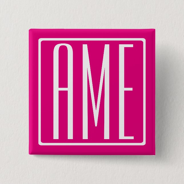3 Initialen Monogramm | Weiß auf Hot Pink Button (Vorderseite)