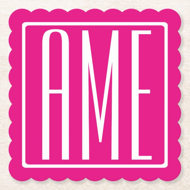 3 Initialen Monogramm | Weiß auf Hot Pink Untersetzer (Vorderseite)