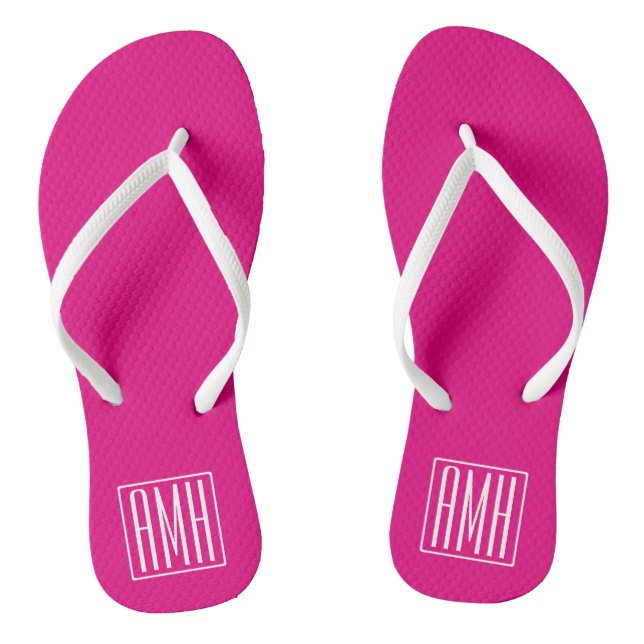 3 Initialmonogramm | Weiß auf heiß rosa Flip Flops (Fußbett)
