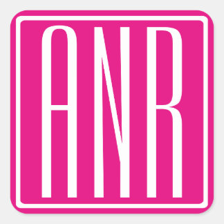 3 Initialmonogramm | Weiß auf heiß rosa Quadratischer Aufkleber