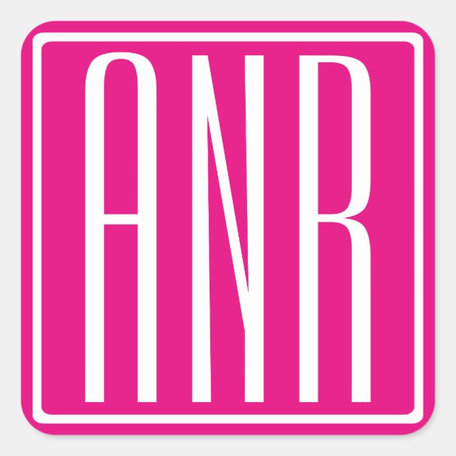 3 Initialmonogramm | Weiß auf heiß rosa Quadratischer Aufkleber (Vorderseite)