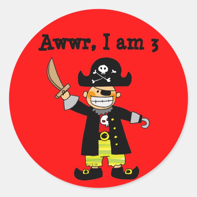 3 Jahre alter Piratenjunge Runder Aufkleber (Vorderseite)