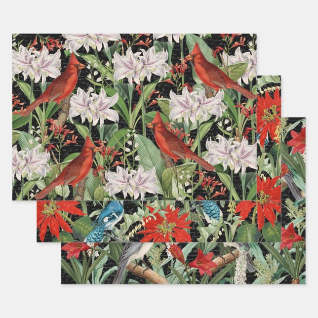 3 Kardinal Jay Winter Bird Collage Ephemera Sheets Geschenkpapier Set (Set)