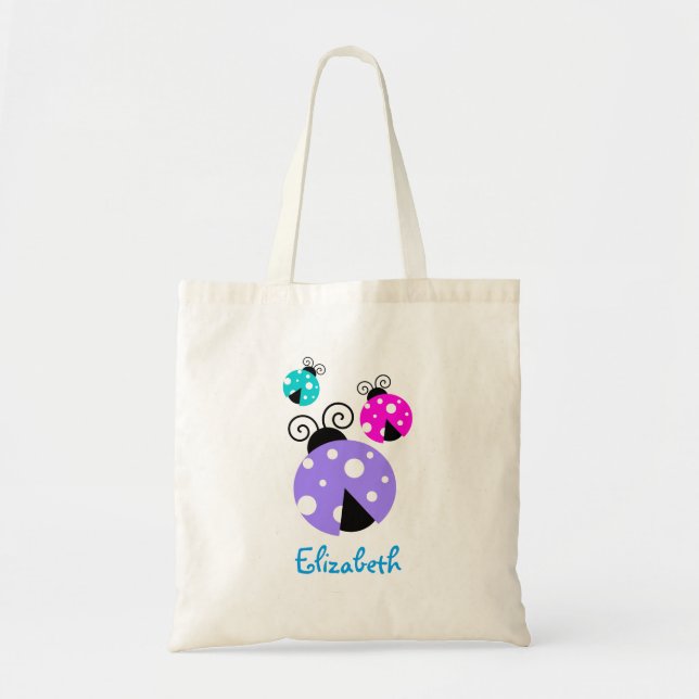 3 Ladybugs in Lila rosa und blau Personalisiert Tragetasche (Vorne)