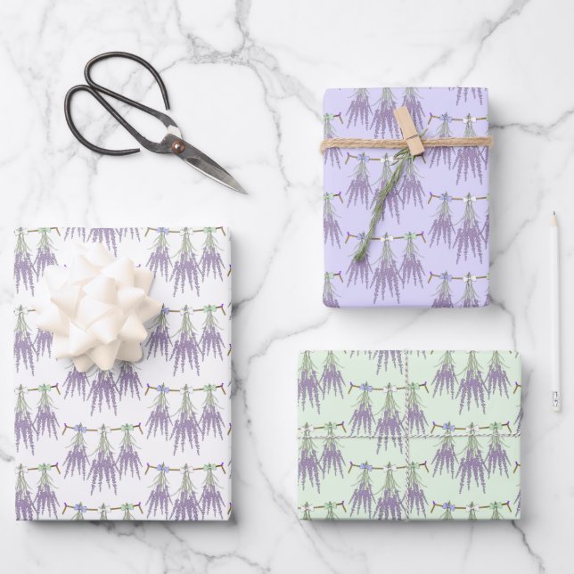 3 Lavendel Herb Blume Bündel auf einem Seilmuster Geschenkpapier Set (Vorderseite)