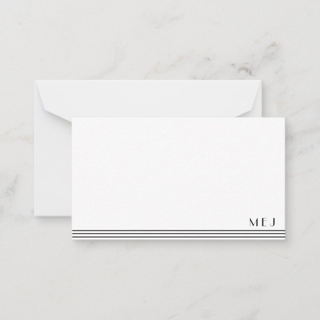 3 Letter Monogram Schwarz-weiß Streifen Minimalist Mitteilungskarte (Vorderseite)