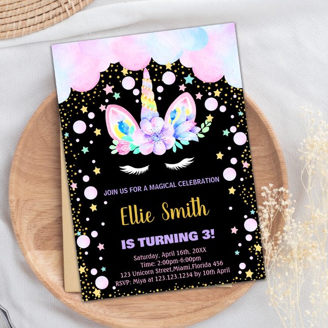 3. Lila Einhorngeburtstagseinladungen Einladung (3rd Purple Unicorn Birthday Invitations)