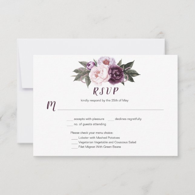 #3 Lila Plum Pink Peonies Bouquet Menü Auswahl RSVP Karte (Vorderseite)