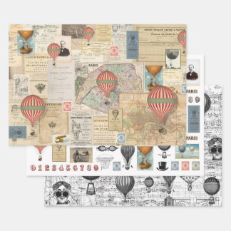 3 Luftfahrt-Ballon Collage Ephemera Sheets Geschenkpapier Set