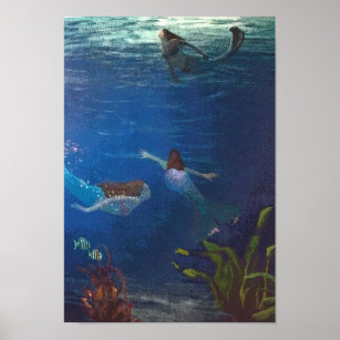 3 Meerjungfrauen, die unter Wasser schwimmen Poster