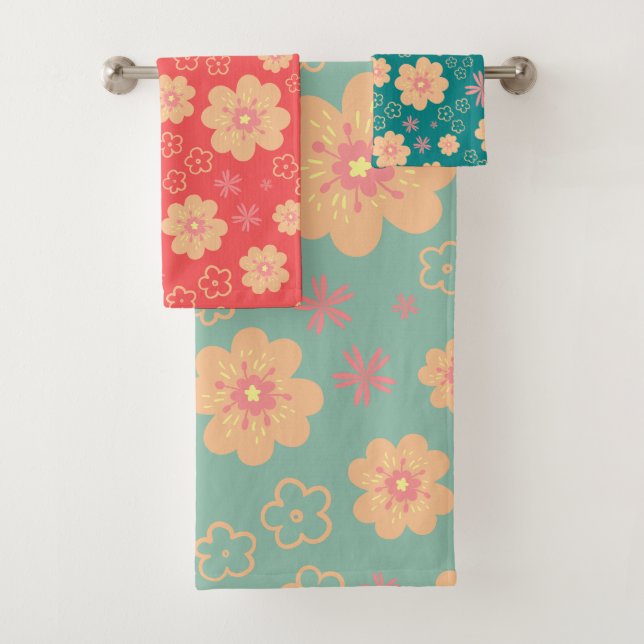 3 Mix Weihnachtsfarben Blumenmuster Badhandtuch Set (Insitu)