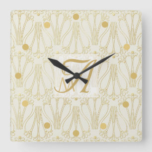 3 Monogram Art Deco Gold Cream New Deeds Deco Quadratische Wanduhr