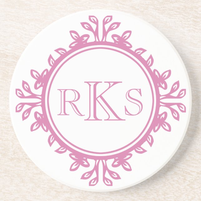 3 monogram royal letter pink white leaf border sandstein untersetzer (Vorne)