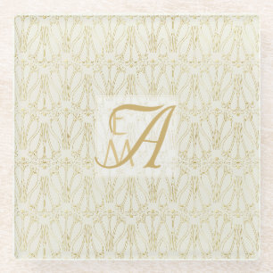3 Monogramm Art Deco Gold Creme Neuvermählte Dekor Glasuntersetzer