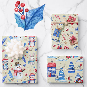 3 Namen, Pinguine Mice Rabbits Blue Red Holiday Geschenkpapier Set