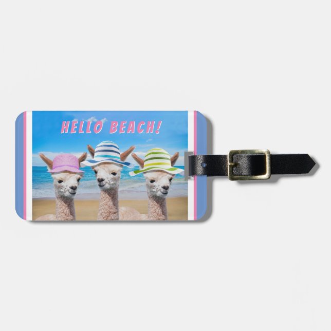 3 Niedliche Alpacas in Sun Hats am Strand Persönli Gepäckanhänger (Vorderseite horizontal)