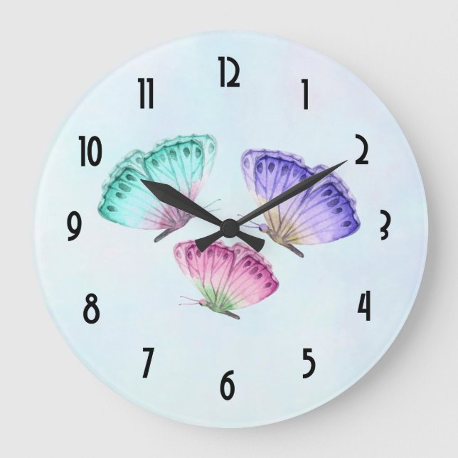 3 Niedliche Pastelfarben Wasserfarbenfrohe Schmett Große Wanduhr (Vorderseite)