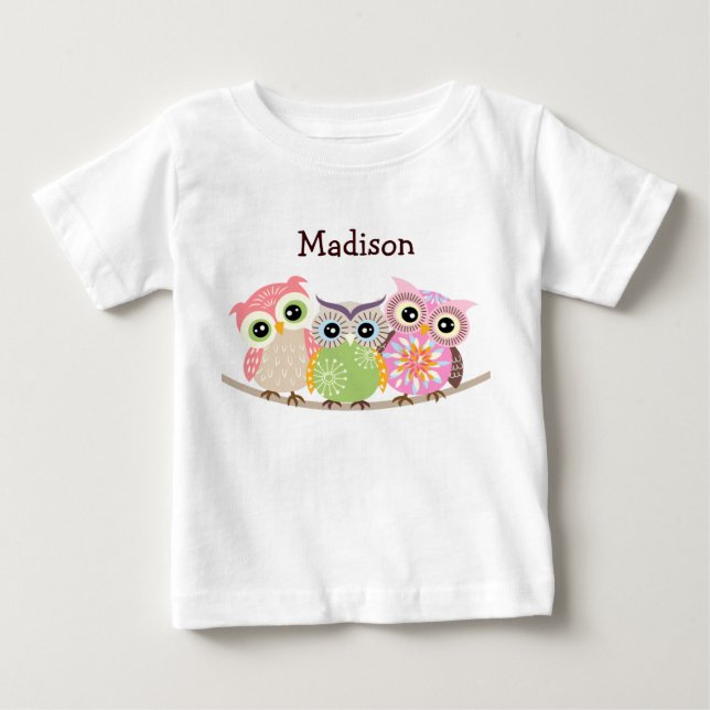 3 Niedliche und farbenfrohe Owls Baby T Shirts (Vorderseite)