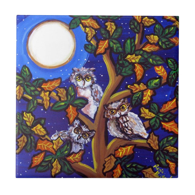 3 Owls Moon Whimsical Folklorek Fliese (Vorderseite)