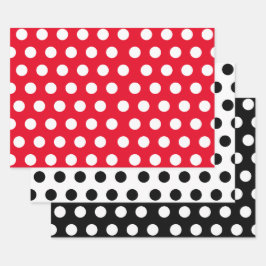 3 Packung: Polka Punkte auf Weiß & Schwarz & Rot Geschenkpapier Set
