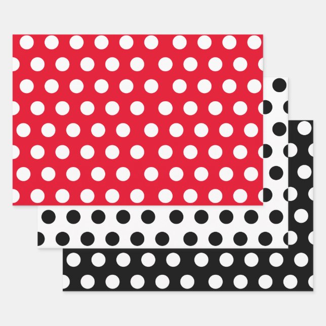 3 Packung: Polka Punkte auf Weiß & Schwarz & Rot Geschenkpapier Set (Set)