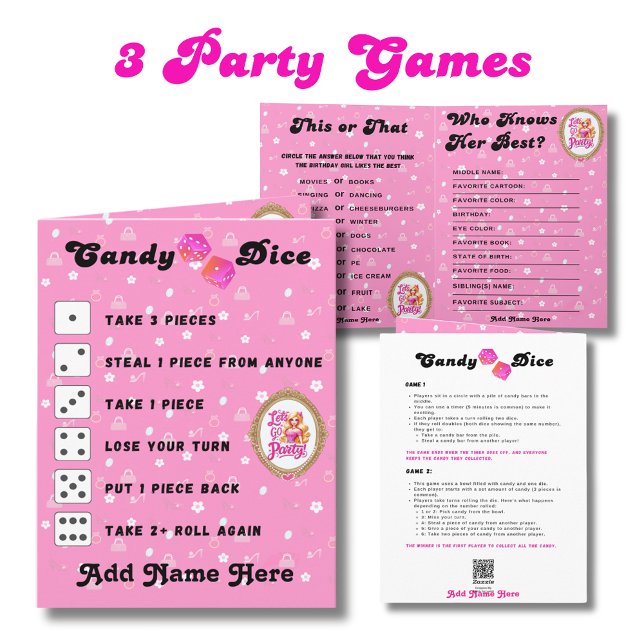 3 Party Games for Retro Doll Pink Birthday Girl Karte (Von Creator hochgeladen)