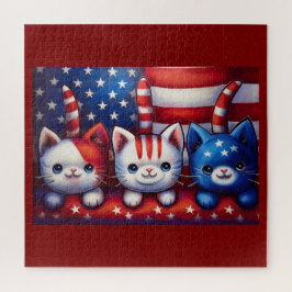 3 Patriotic Kittens In A Scene With American Flag 