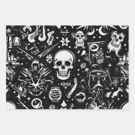 3 pc. Papier d'enveloppement crânien noir et blanc