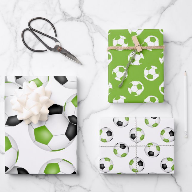 3 pc Sorte hellgrün schwarze Mannschaftsfarben Fuß Geschenkpapier Set (Vorderseite)