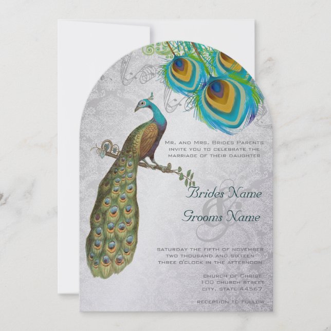 3 Peacock Feathers Art Déco Wedidting Invitation (Devant)