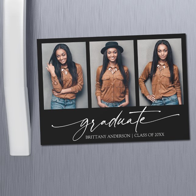 3 Photo Calligraphie Encre Graduation Magnet Card (Customize to change your personalized text size or text style.)