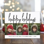 3 Photo Collage Mod Script black white - Happy Feiertagspostkarte<br><div class="desc">A merry and bright holiday greeting with a rustic script calligraphy font. A mid-century modern feel with a geometric pattern on the back. This non-traditional design is a fresh approach that will make your family photos stand out.</div>