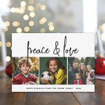 3 Photo Collage Mod Script black white Peace Love Feiertagskarte<br><div class="desc">A merry and bright holiday greeting with a rustic script calligraphy font. A mid-century modern feel with a geometric pattern on the back. This non-traditional design is a fresh approach that will make your family photos stand out.</div>