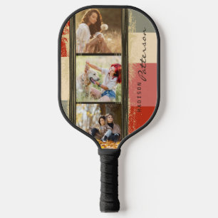 3 Photo Collage Rustic Abstract Personalized Name Pickleball Schläger