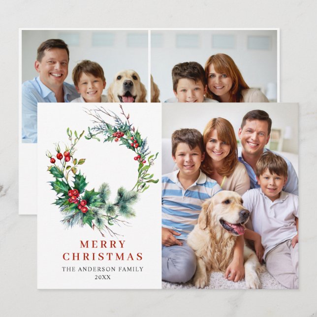 3 PHOTO Couronne de houx à baies Noël Carte de vœu (Devant / Derrière)