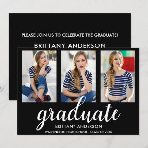 3 Photo Gold Modern Graduation Party Invitation BW